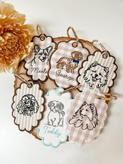 Set of dog-themed keychains with names on a white background