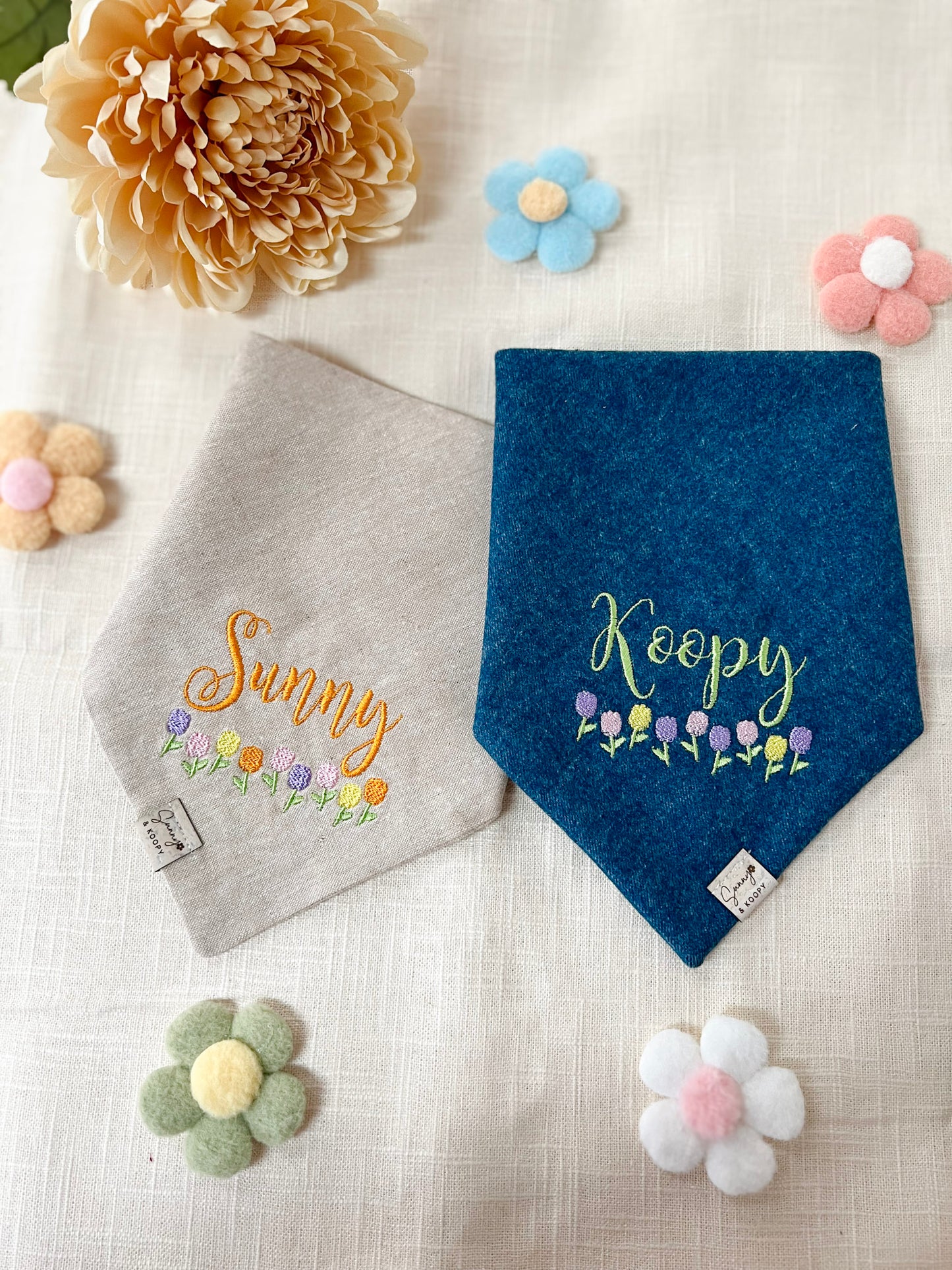 Custom Name Tulip Field Embroidered Dog Bandana