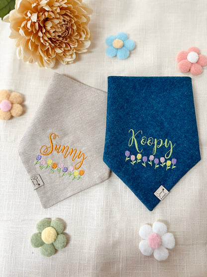 Custom Name Tulip Field Embroidered Dog Bandana