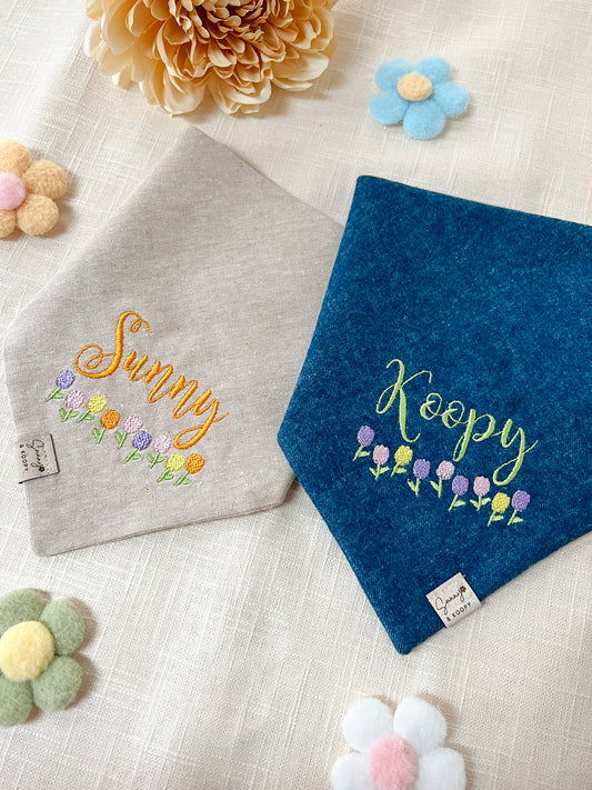 Custom Name Tulip Field Embroidered Dog Bandana