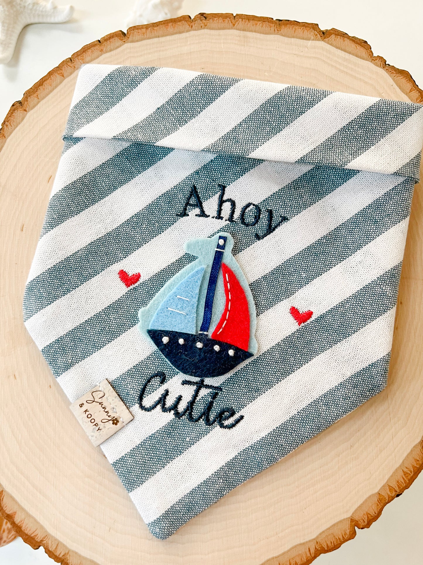 Ahoy Cutie Embroidered Dog Bandana With Handmade Felt Patch