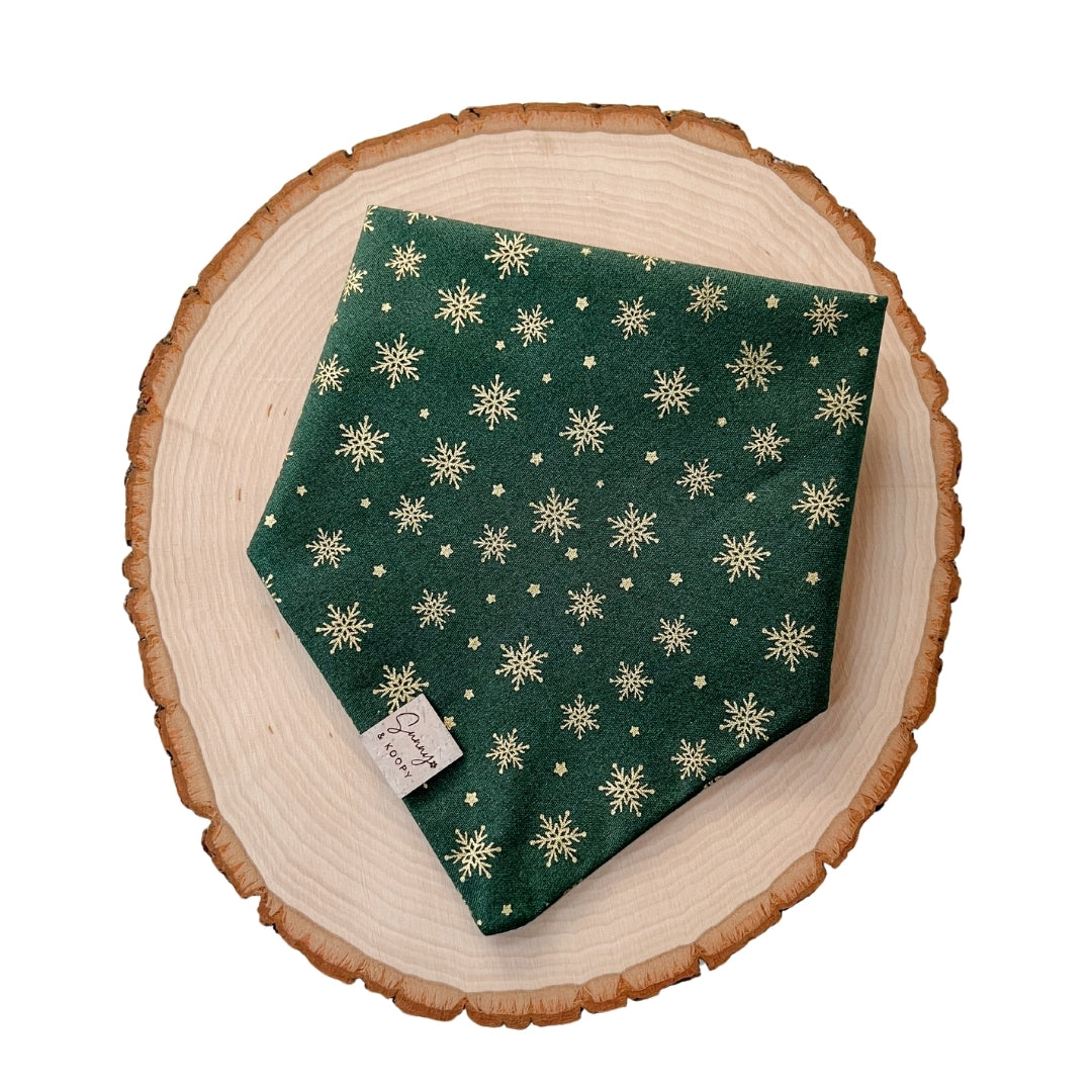 Gold Snowflakes on green Dog Bandana