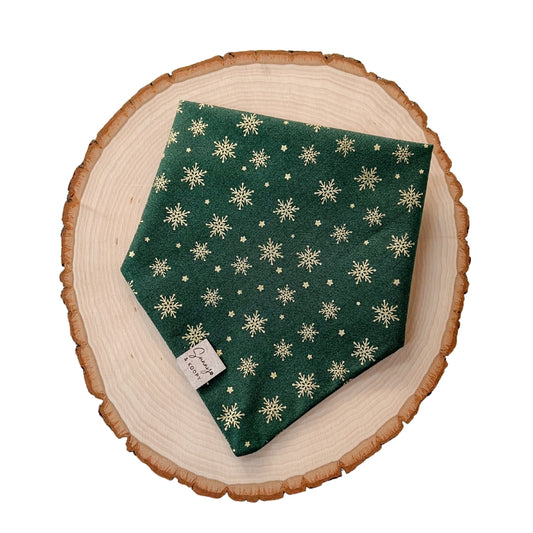 Gold Snowflakes on green Dog Bandana