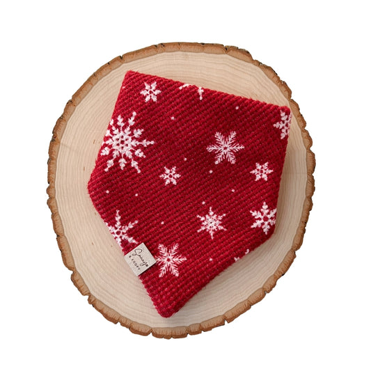 Snowflakes on Red Waffle Knit Dog Bandana