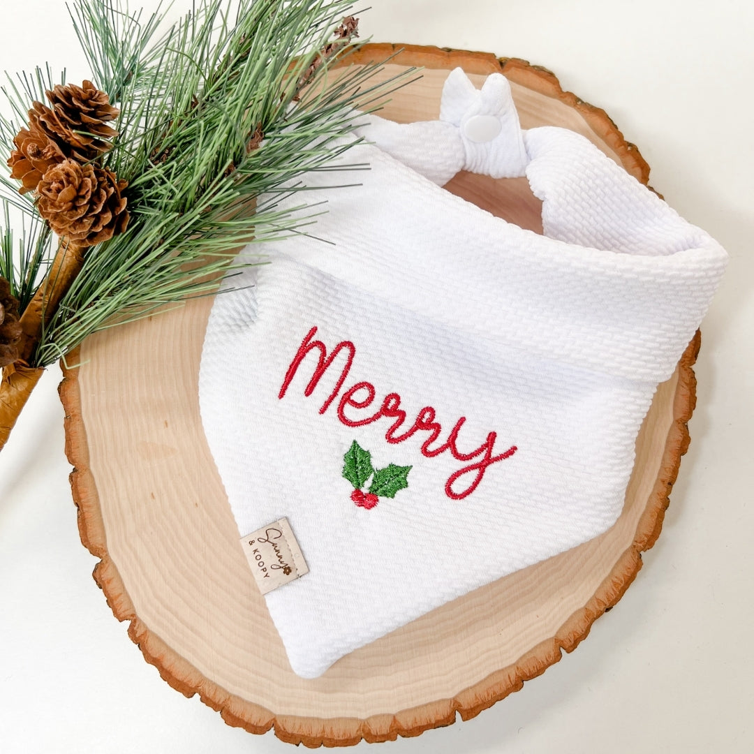 Merry White Embroidered Double-Knit Dog Bandana