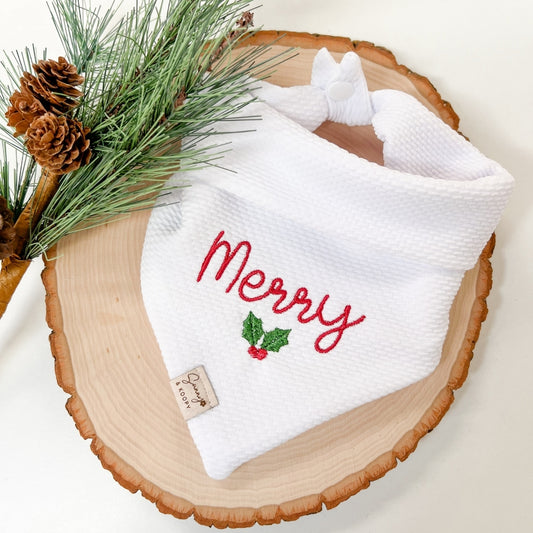 Merry White Embroidered Double-Knit Dog Bandana