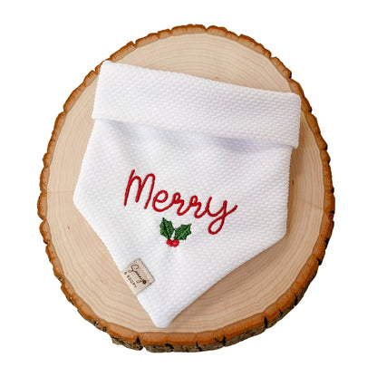 Merry White Embroidered Double-Knit Dog Bandana