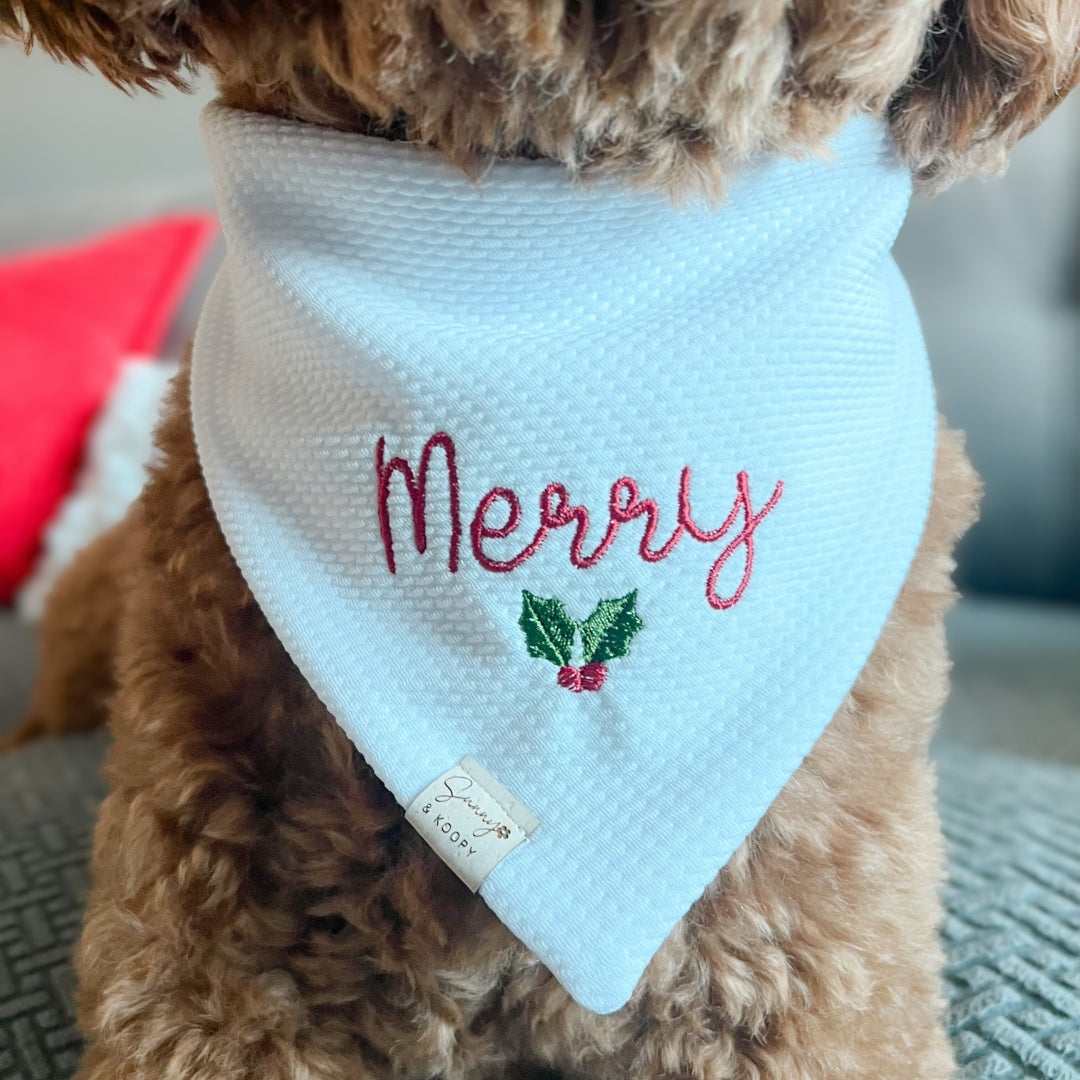 Merry White Embroidered Double-Knit Dog Bandana