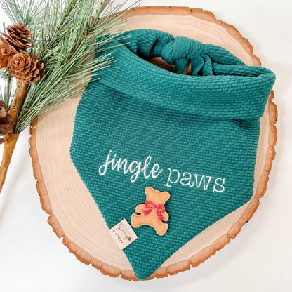 Jingle Paws Embroidered Hunter Green Double-Knit Dog Bandana