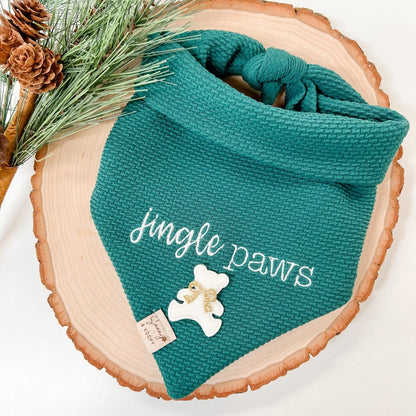 Jingle Paws Embroidered Hunter Green Double-Knit Dog Bandana