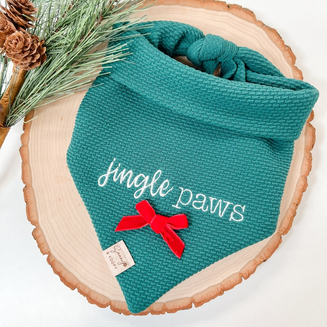 Jingle Paws Embroidered Hunter Green Double-Knit Dog Bandana