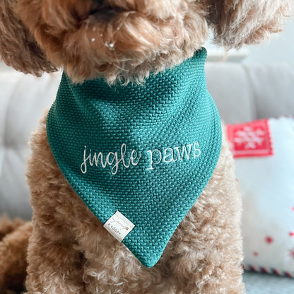 Jingle Paws Embroidered Hunter Green Double-Knit Dog Bandana