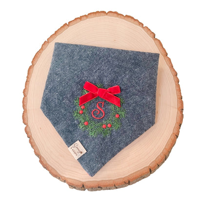 Wreath with Initial Embroidered Denim Dog Bandana (Reversible)