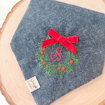 Wreath with Initial Embroidered Denim Dog Bandana (Reversible)