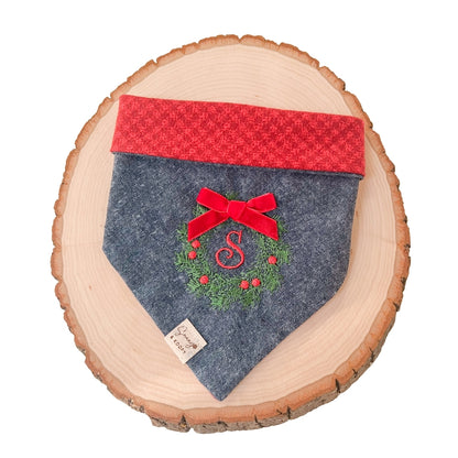 Wreath with Initial Embroidered Denim Dog Bandana (Reversible)